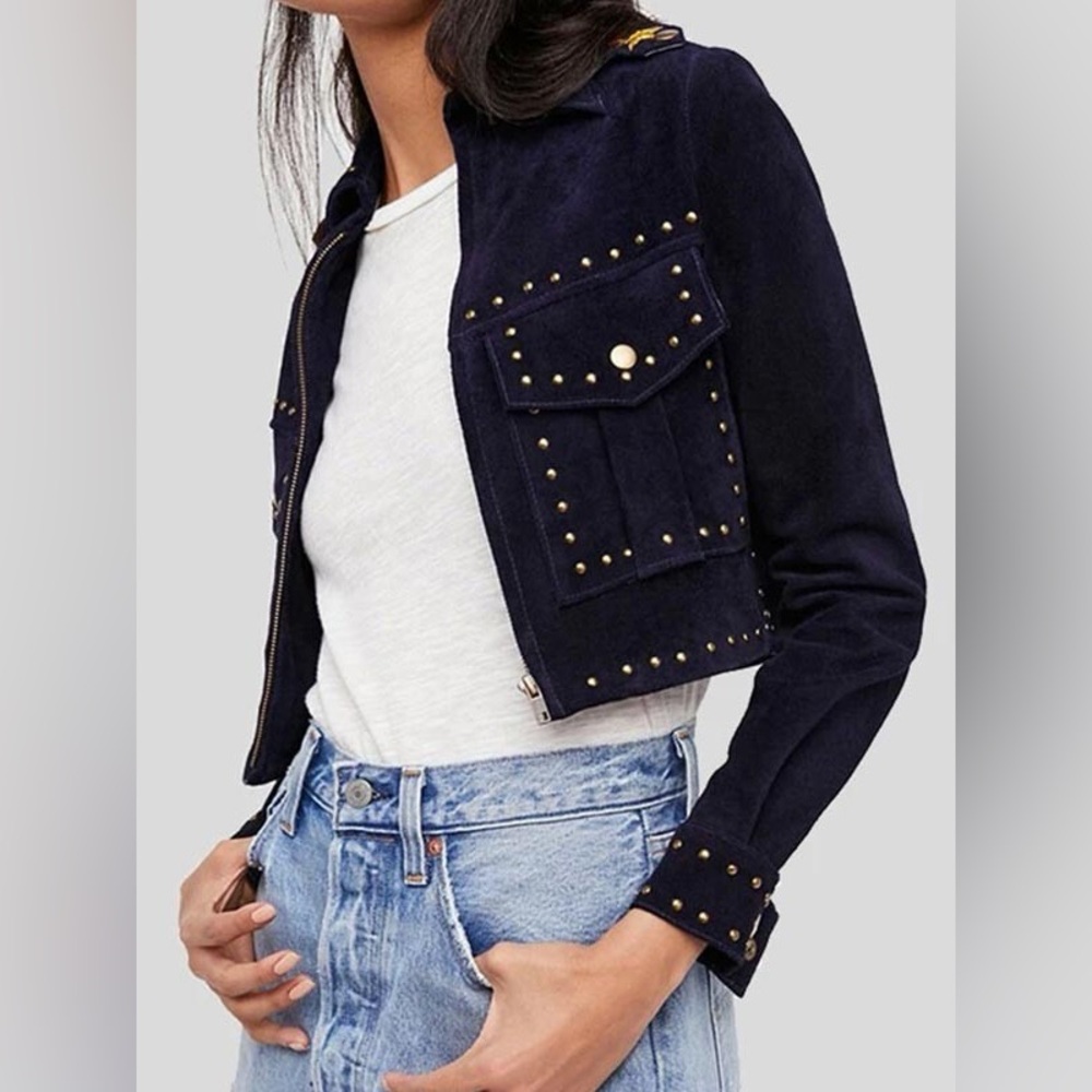 Understated Leather 100% Suede Navy Jacket with Studded Gold Accents - size XS